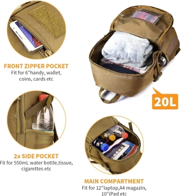 68da409a9721d6d38dd4c9e6d1ce5c581bd21e78bed150f4ac83d.jpg HUNTVP 12L/15L/20L/30L Mini Mochila de Asalto Mochila Militar Mochila Táctica Molle Escolar Bolsa Bandolera para Niños Hombre Mujer Caza Camping Senderismo,Negro/Marrón/Camo/Verde