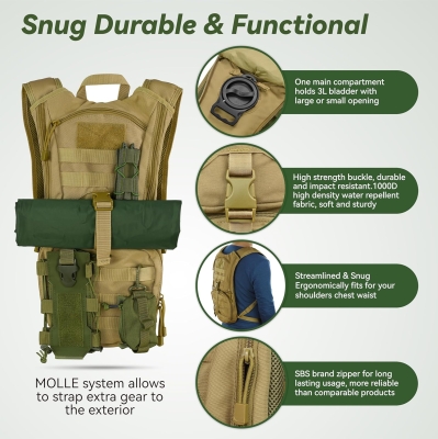 68db880b964bfa1f2a9e3c7add9f6108cd441aec603decd092946.jpg MARCHWAY Mochila táctica Molle de hidratación con bolsa de agua de TPU de 3 L, mochila militar para ciclismo, senderismo, correr, escalada, caza, ciclismo (bronceado)
