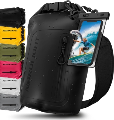 Nordlight Bolsa Estanca Impermeable + Funda para Móvil, Cierre Enrollable, Correa para Hombro | Drybag Mochila Impermeable Saco Estanco Bolsa de Transporte Náutica | Playa Sup - Negro, 10 litros