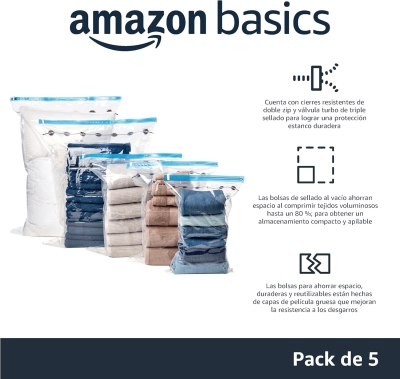 68db96485ee954b8bf9fba0e612d28a900110c217b0c1603c7f67.jpg Amazon Basics Paquete de 5 bolsas de vacío para almacenamiento, incluyen boca para aspirador, con cremallera, tamaño mediano, Transparente