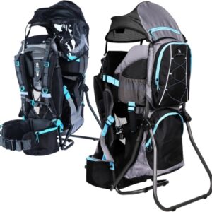 68db9b395544cbdf76ef05d858d23fe51e1bbe6c04d5c01f309a9.jpg DROMADER Mochila Portabebe Montaña - Portabebes Senderismo hasta 22kg con Protector Solar, Protector de Lluvia, Bolsillo Térmico y Cambiador - Estructura Plegable con Una Mano - Negro y Azul