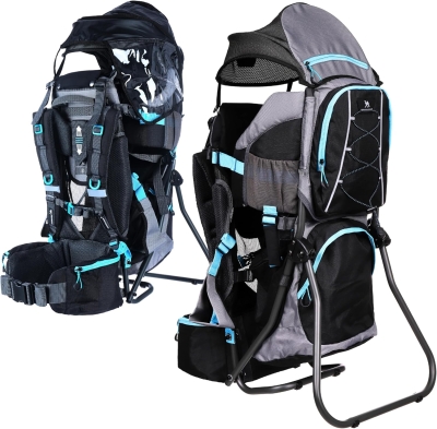 68db9b395544cbdf76ef05d858d23fe51e1bbe6c04d5c01f309a9.jpg DROMADER Mochila Portabebe Montaña - Portabebes Senderismo hasta 22kg con Protector Solar, Protector de Lluvia, Bolsillo Térmico y Cambiador - Estructura Plegable con Una Mano - Negro y Azul
