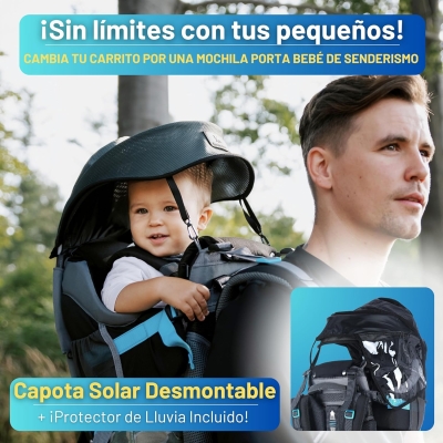 68db9b3a063abf66d96317fa4643585ce2f1c82f63b44a32ee703.jpg DROMADER Mochila Portabebe Montaña - Portabebes Senderismo hasta 22kg con Protector Solar, Protector de Lluvia, Bolsillo Térmico y Cambiador - Estructura Plegable con Una Mano - Negro y Azul