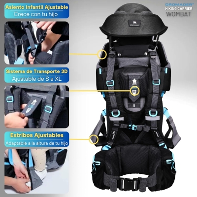 68db9b3b1a7e81e78352772bd5f063789bec6d8505ac63e466c37.jpg DROMADER Mochila Portabebe Montaña - Portabebes Senderismo hasta 22kg con Protector Solar, Protector de Lluvia, Bolsillo Térmico y Cambiador - Estructura Plegable con Una Mano - Negro y Azul