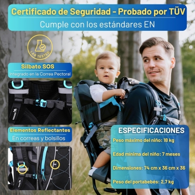 68db9b3c9d91e481c43a04e594c5134fb181d6ac2d6cd9f7d35b4.jpg DROMADER Mochila Portabebe Montaña - Portabebes Senderismo hasta 22kg con Protector Solar, Protector de Lluvia, Bolsillo Térmico y Cambiador - Estructura Plegable con Una Mano - Negro y Azul