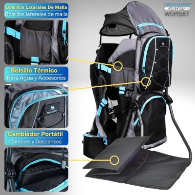 68db9b3d341b8215e7851a346fe88d9a7e93e760cbf86b1b096ac.jpg DROMADER Mochila Portabebe Montaña - Portabebes Senderismo hasta 22kg con Protector Solar, Protector de Lluvia, Bolsillo Térmico y Cambiador - Estructura Plegable con Una Mano - Negro y Azul