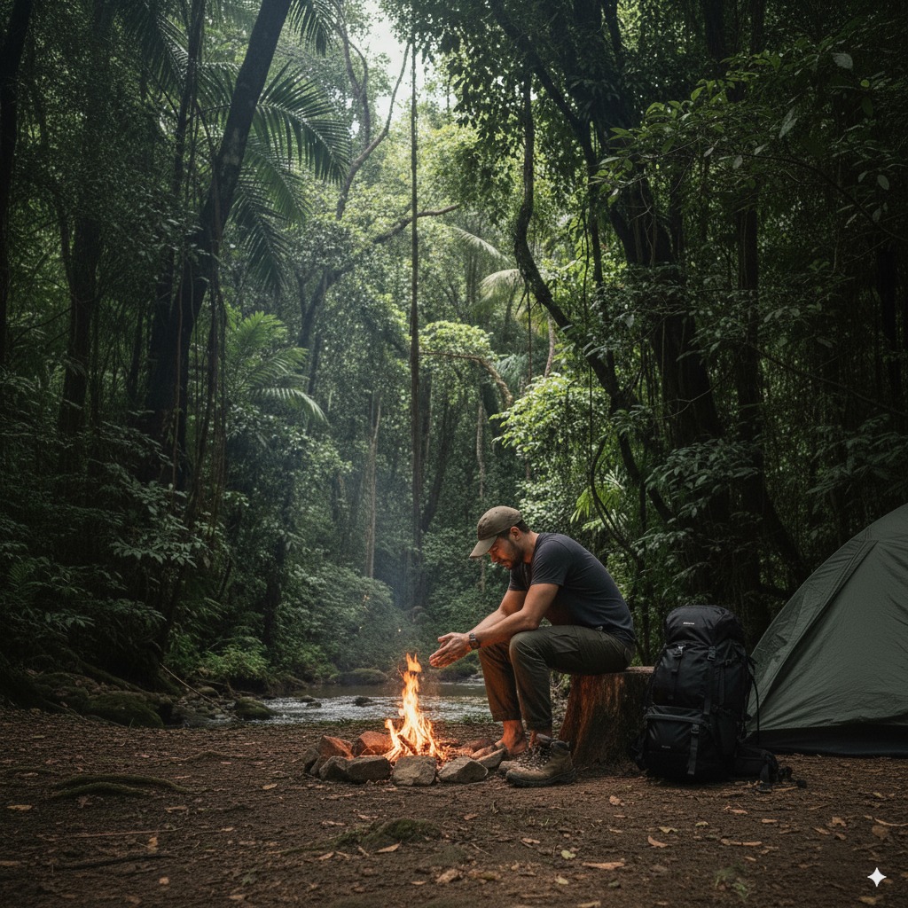 Equipo básico de supervivencia y bushcraft: cuchillo, cuerda, pedernal, brújula, tarp y mochila listos para la aventura.