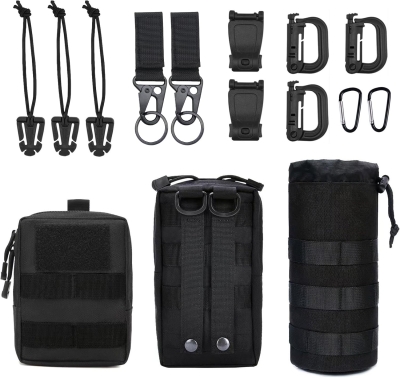 Mervokl Molle - 3 bolsas con 12 accesorios, pequeñas bolsas tácticas para la cintura, multifuncional, riñonera compacta, riñonera EDC Pouch mochila, soporte para botellas de agua, correa para el