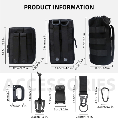 Mervokl Molle - 3 bolsas con 12 accesorios, pequeñas bolsas tácticas para la cintura, multifuncional, riñonera compacta, riñonera EDC Pouch mochila, soporte para botellas de agua, correa para el