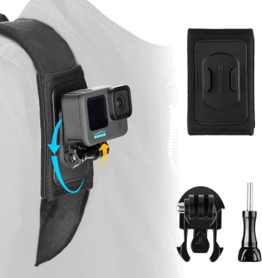 REYGEAK Soporte de correa de hombro para mochila con almohadilla de hombro ajustable y soporte de base giratoria de 360° compatible con GoPro Hero 11/10/9,Osmo Action y la mayoría de cámaras de acción