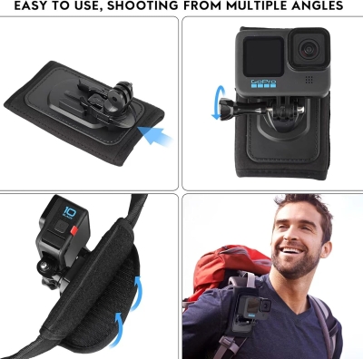 REYGEAK Soporte de correa de hombro para mochila con almohadilla de hombro ajustable y soporte de base giratoria de 360° compatible con GoPro Hero 11/10/9,Osmo Action y la mayoría de cámaras de acción