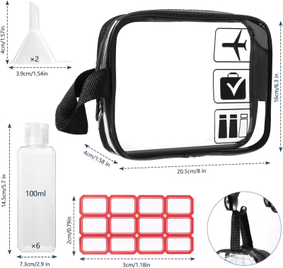 Diboniur Neceser de Viaje con 6 Botellas de Viaje Vacía de 100 ml, 1 Bolsa de Vuelo y 2 Embudos Pequeños, Kit de Viaje para Champú, Crema, Loción, Aprobado por la TSA