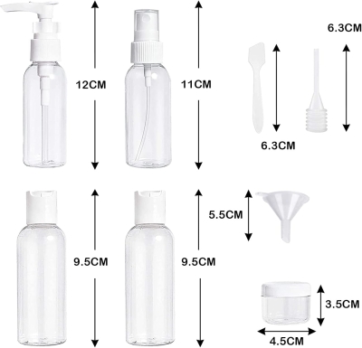 9 Piezas Juego de Botellas de Viaje, Contenedor de Líquido Portátil para Botellas Cosméticas, Juego de Contenedores de Viaje Reutilizables sin PBA para Viajes Aéreos, Crema, Loción, Champú, Fragancia