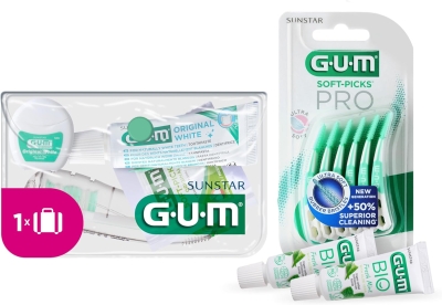 Kit de viaje GUM TRAVEL | Cepillo de dientes GUM TRAVEL | Pasta de dientes GUM Original White | Hilo dental GUM Original White | 2 GUM SOFT-PICKS ORIGINAL | 1 Travel kit (con 2 muestras extra)