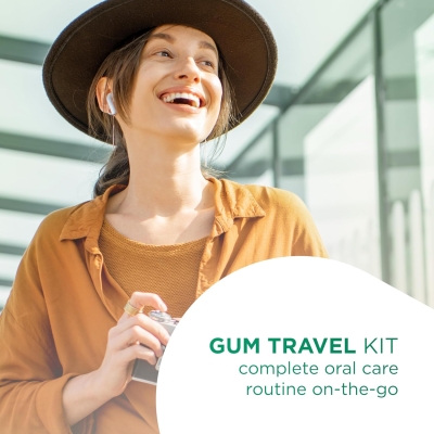 Kit de viaje GUM TRAVEL | Cepillo de dientes GUM TRAVEL | Pasta de dientes GUM Original White | Hilo dental GUM Original White | 2 GUM SOFT-PICKS ORIGINAL | 1 Travel kit (con 2 muestras extra)