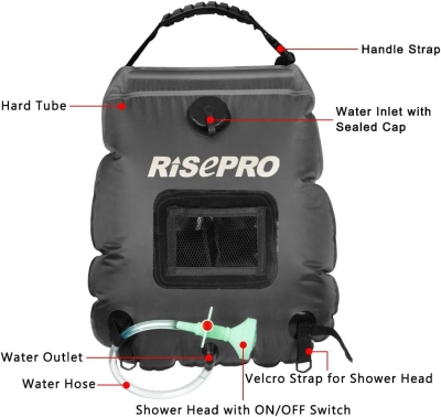 RISEPRO Bolsa Solar de Ducha, 5 galones/20 l. Bolsa de Ducha con calefacción Solar para Acampar con Agua Caliente a Temperatura 45 °C, para Senderismo, Escalada