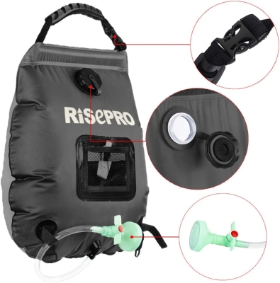 RISEPRO Bolsa Solar de Ducha, 5 galones/20 l. Bolsa de Ducha con calefacción Solar para Acampar con Agua Caliente a Temperatura 45 °C, para Senderismo, Escalada