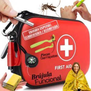 Botiquín de Primeros Auxilios – kit Camping, Senderismo y Acampada – Kit Emergencias con Silbato, Brújula, Manta Térmica, Martillo Rompe Cristales y Pinzas Extracción Garrapatas