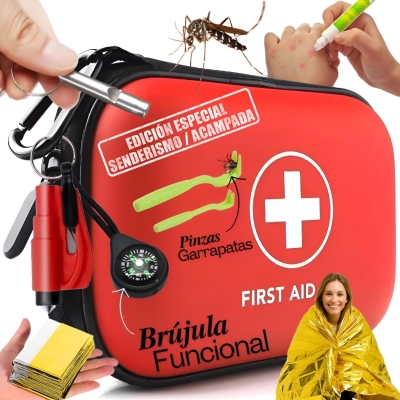 Botiquín de Primeros Auxilios – kit Camping, Senderismo y Acampada – Kit Emergencias con Silbato, Brújula, Manta Térmica, Martillo Rompe Cristales y Pinzas Extracción Garrapatas