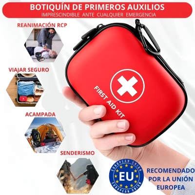 Botiquín de Primeros Auxilios – kit Camping, Senderismo y Acampada – Kit Emergencias con Silbato, Brújula, Manta Térmica, Martillo Rompe Cristales y Pinzas Extracción Garrapatas