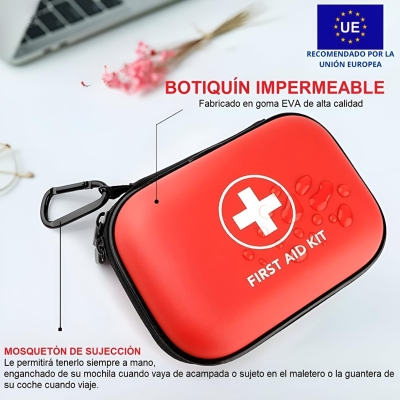 Botiquín de Primeros Auxilios – kit Camping, Senderismo y Acampada – Kit Emergencias con Silbato, Brújula, Manta Térmica, Martillo Rompe Cristales y Pinzas Extracción Garrapatas
