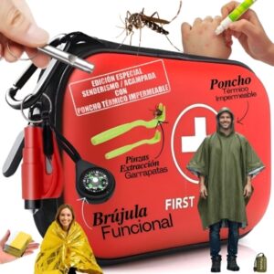 Botiquín de Primeros Auxilios – Kit Primeros Auxilios Coche, Casa, Oficina, Viaje, Camping – Botiquín Compacto Portátil, Botiquin viaje (H2. Rojo Senderismo/Acampada Poncho Térmico Impermeable)