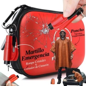 Botiquín de Primeros Auxilios – Kit Primeros Auxilios Coche, Casa, Oficina, Viaje, Camping – Botiquín Compacto Portátil, Botiquin viaje (Rojo Coche con Poncho Térmico Impermeable)