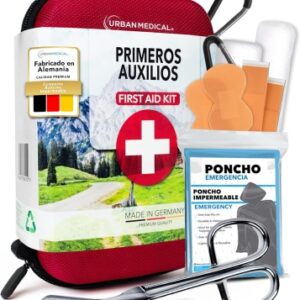 URBAN MEDICAL Botiquin de Primeros Auxilios para Exteriores de Alemania - Botiquin Viaje Totalmente Equipado & Folleto de Emergencia Manta de Rescate y Poncho de lluvia - para Montaña, Coche y Casa