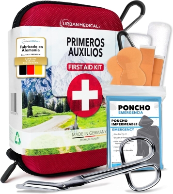 68e4162ee2de7c17bd1ed05ff2ce067b7ace0a1de25d7d9c6448e.jpg URBAN MEDICAL Botiquin de Primeros Auxilios para Exteriores de Alemania - Botiquin Viaje Totalmente Equipado & Folleto de Emergencia Manta de Rescate y Poncho de lluvia - para Montaña, Coche y Casa