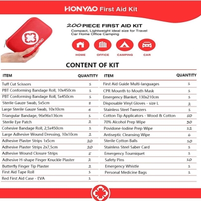 HONYAO Botiquín de Primeros Auxilios de 200 piezas, Mini Kit de Supervivencia Bolsa Médico de Emergencia Completo para Hogar Coche Barco Lugar Trabajo Mochila y Acampar Senderismo Viaje