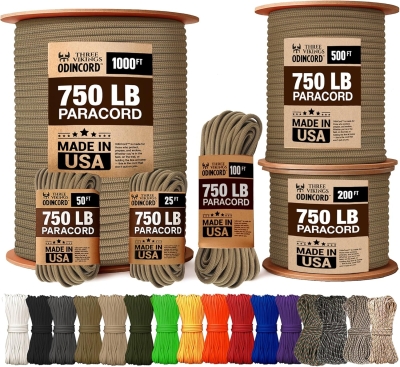 Three Vikings Cuerda de paracaídas, fabricada en Estados Unidos, 750 libras, 100% nailon, tipo IV, núcleo de 11 hebras, más fuerte que la cuerda Paracord 550, marrón coyote, 25 pies