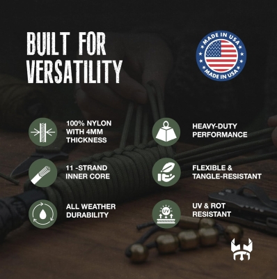 Three Vikings Cuerda de paracaídas, fabricada en Estados Unidos, 750 libras, 100% nailon, tipo IV, núcleo de 11 hebras, más fuerte que la cuerda Paracord 550, marrón coyote, 25 pies