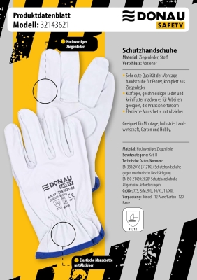 DONAU SAFETY Guantes de Trabajo Premium de Piel de Cabra / 1 Par Driver - Guantes de trabajo (piel, 1 par, talla 8, talla M), color blanco Unisex adulto (Pack de 1)