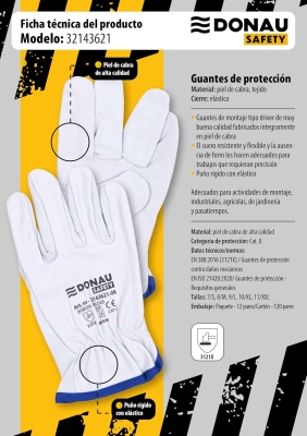 DONAU SAFETY Guantes de Trabajo Premium de Piel de Cabra / 1 Par Driver - Guantes de trabajo (piel, 1 par, talla 8, talla M), color blanco Unisex adulto (Pack de 1)