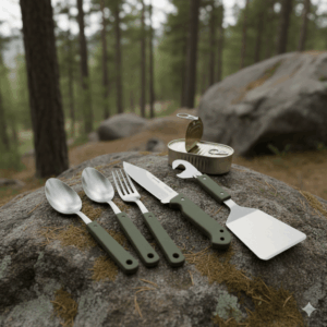 7 en 1 Cubiertos para Camping, 2 Piezas Vajilla Portátil de Acero Inoxidable, Vajilla Plegable Desmontable, Multifunción Vajilla de Exteriores para Caza, Pesca, Camping, Supervivencia