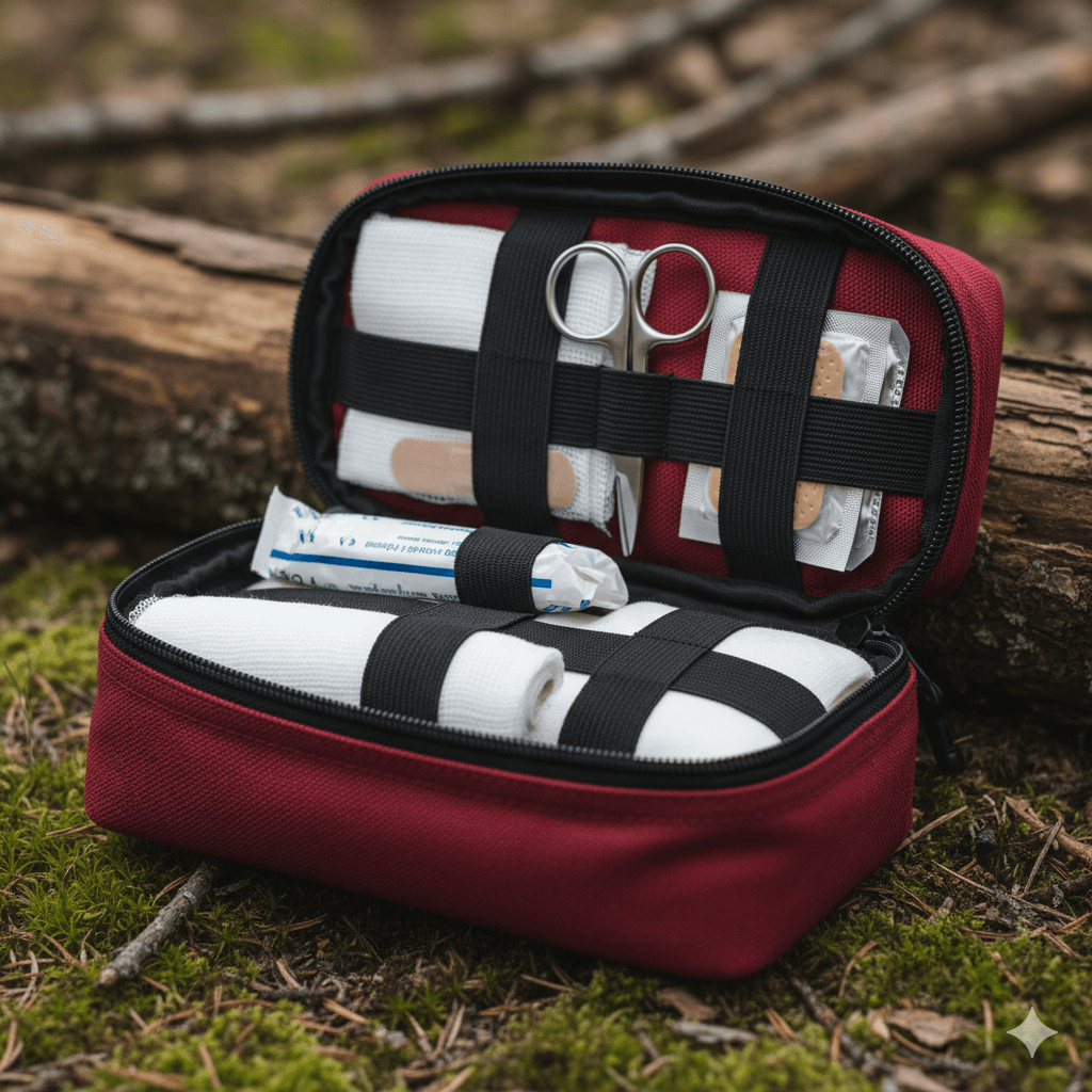 Botiquín de Primeros Auxilios – kit Camping, Senderismo y Acampada – Kit Emergencias con Silbato, Brújula, Manta Térmica, Martillo Rompe Cristales y Pinzas Extracción Garrapatas