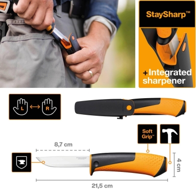 697b61fc0b6eb96dcb6f722193c35438c5a0f6136b08f530bfbc4.jpg Fiskars Cuchillo universal, Incluye funda con afilador, 21,5 cm, Negro/Naranja, 1023618